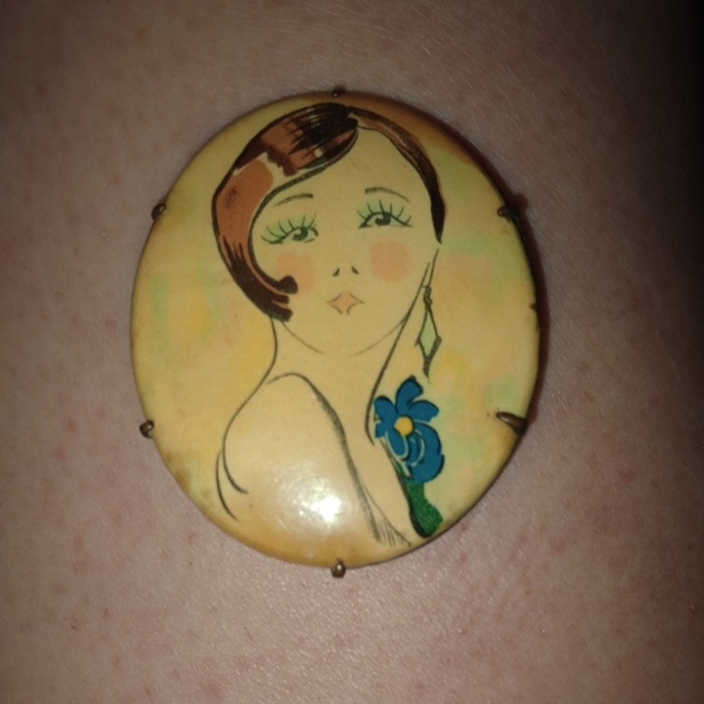 Art Deco 1920 Charming Flapper Celluloid Pin Brooch w/Blue Flower